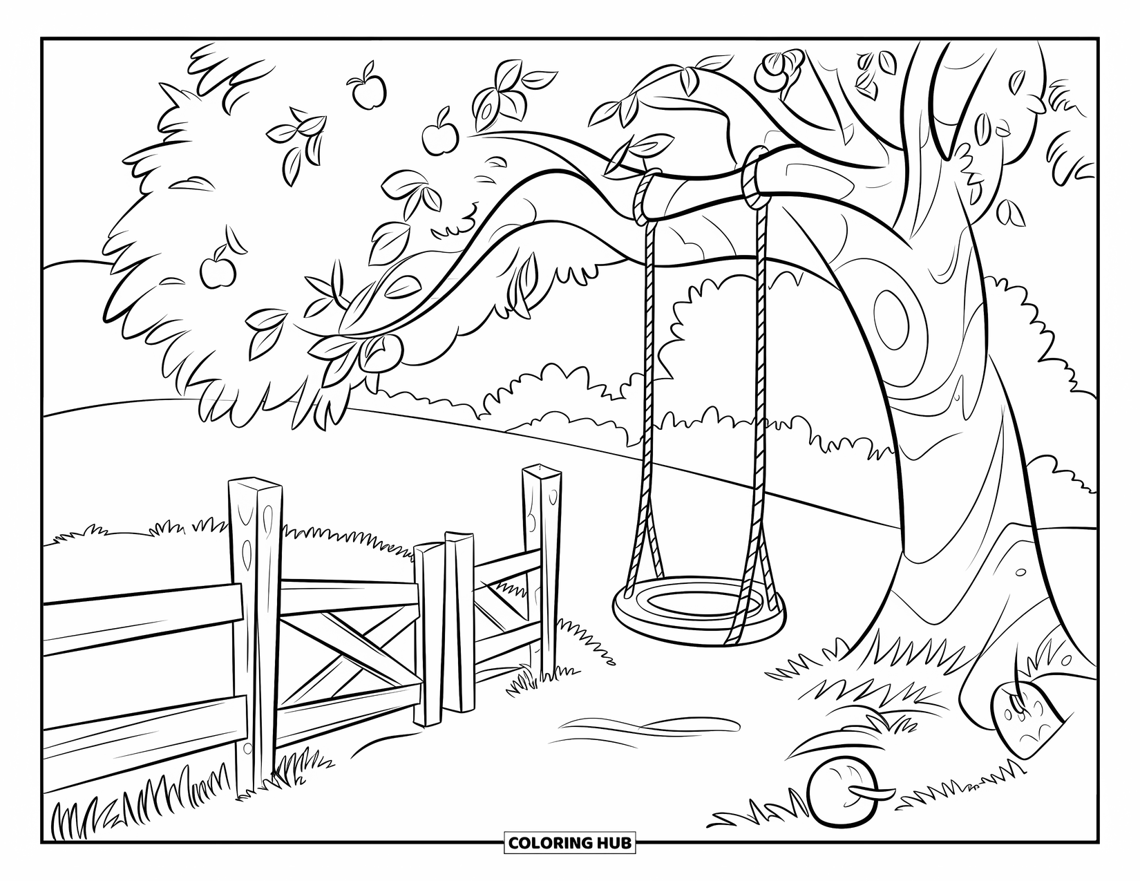 Apple Tree Coloring Page for Kids: A tree with a tire swing stands beside a fence and grassy field