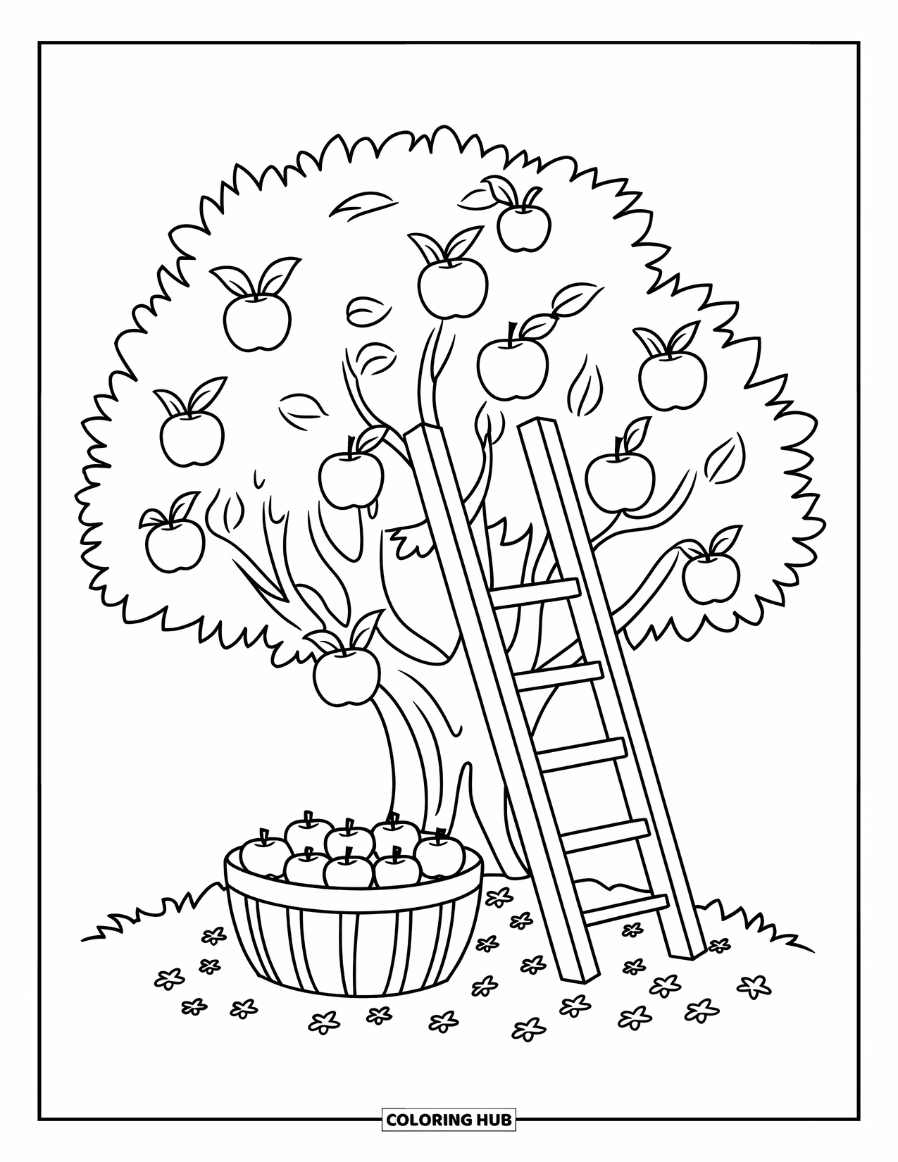 Apple Tree Coloring Page for Kids: A wooden basket sits under a tree filled with apples and yellow flowers