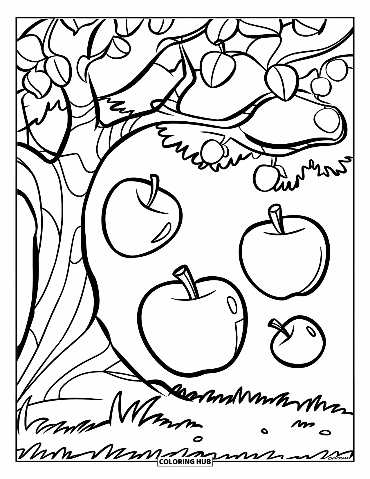 Apple Tree Coloring Page for Kids: An apple tree drops three apples onto the ground beneath a sunny sky