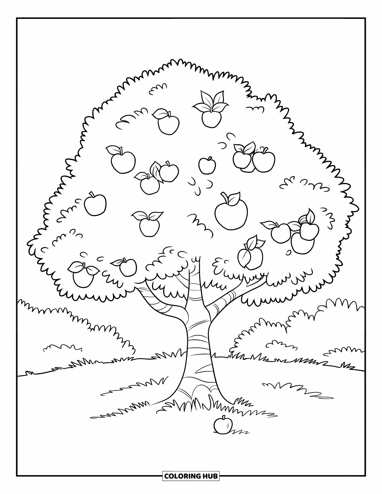 Apple Tree Coloring Page for Kids: An apple tree stands alone with fruit on its branches and scattered below