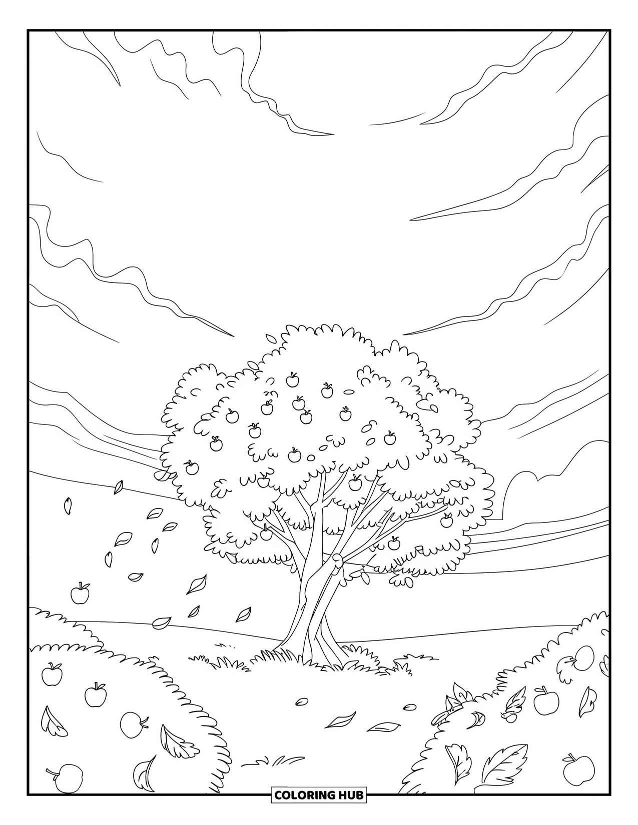 Apple Tree Coloring Page for Kids: Leaves and apples blow from a lone tree beneath a cloudy sky