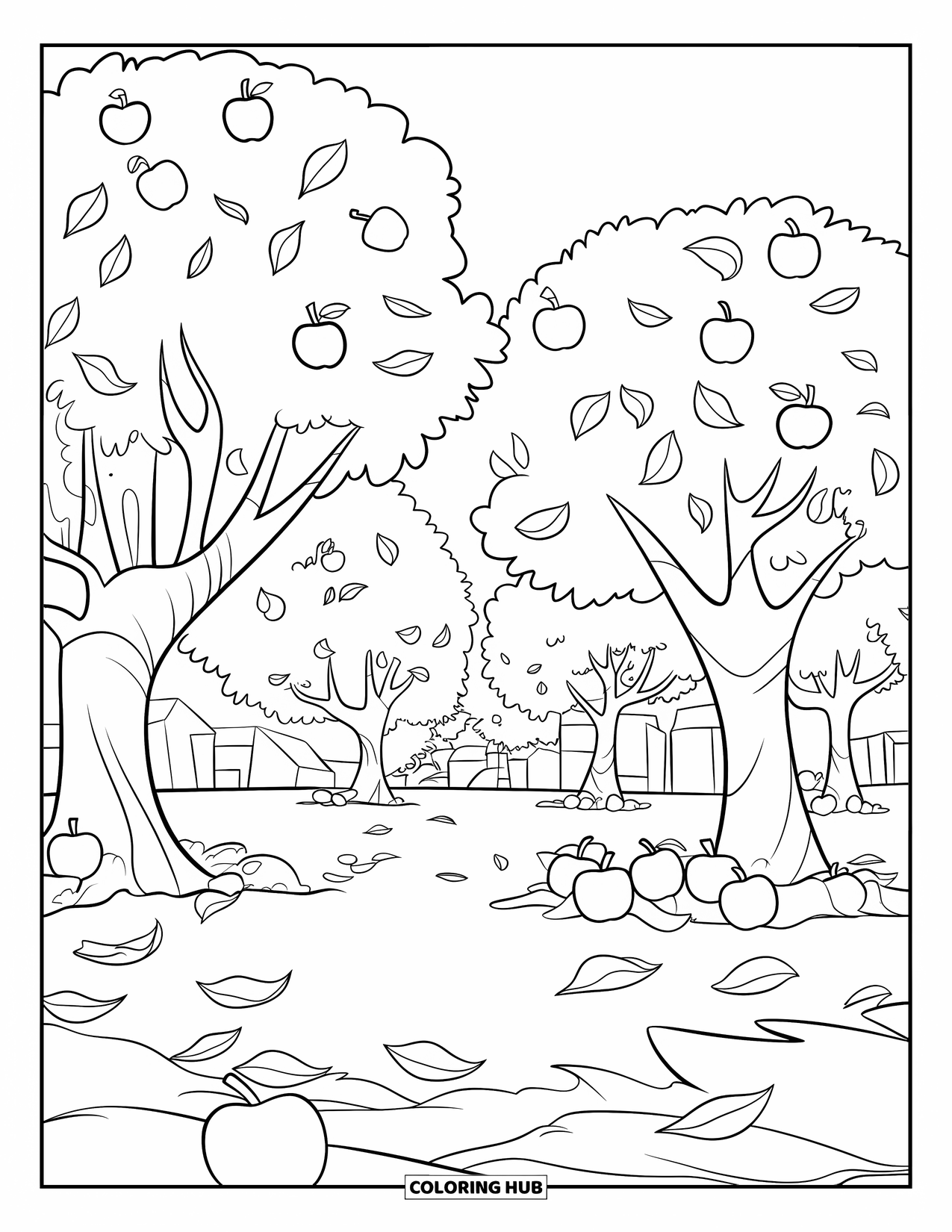 Apple Tree Coloring Page for Kids: Leaves and apples cover the ground in a peaceful orchard scene