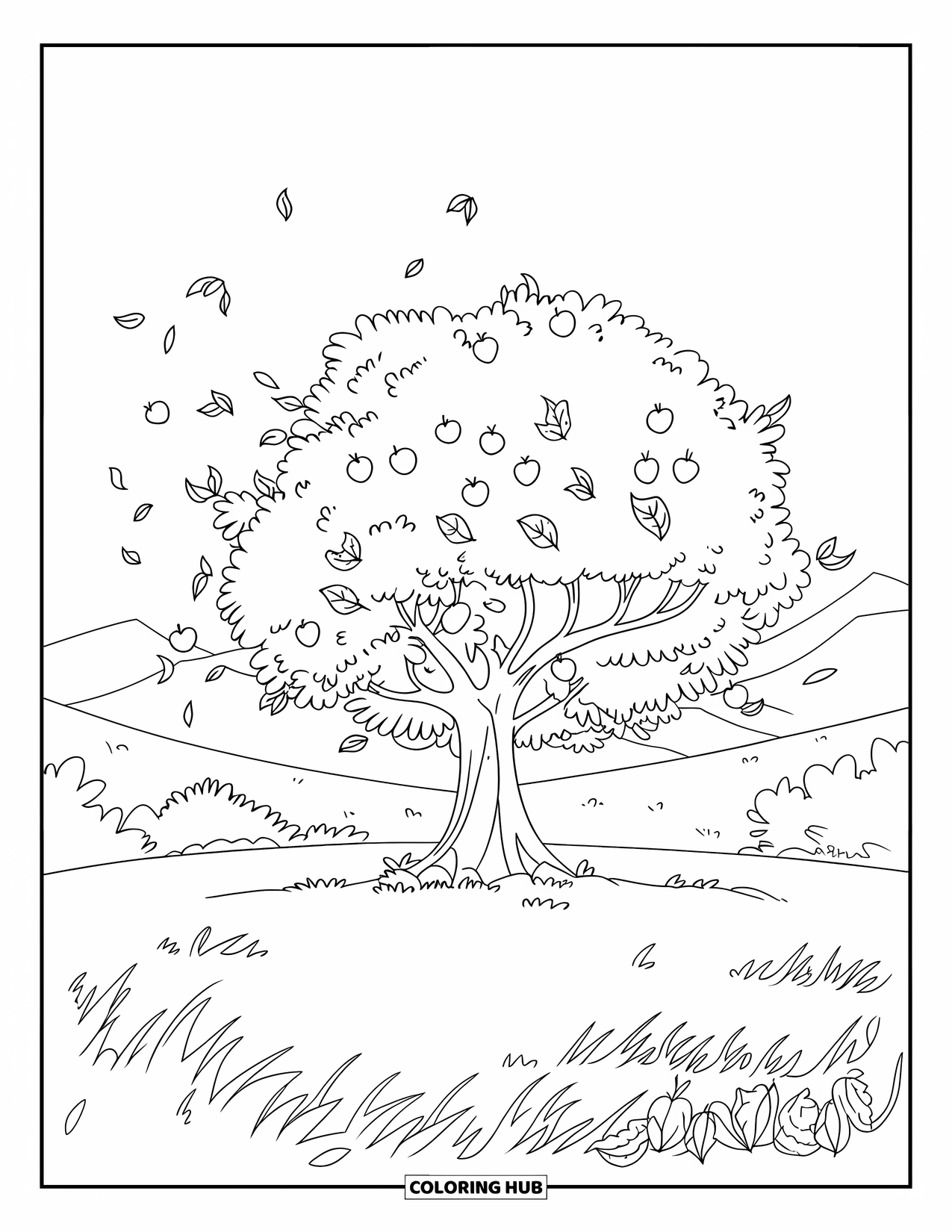 Apple Tree Coloring Page for Kids: Leaves and apples swirl in the wind around a tree in an open field
