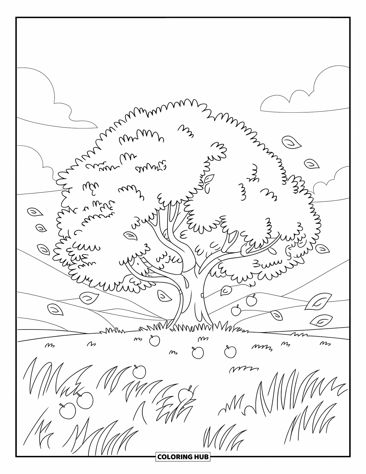 Apple Tree Coloring Page for Kids: The wind rustles leaves and apples in a field with distant mountains