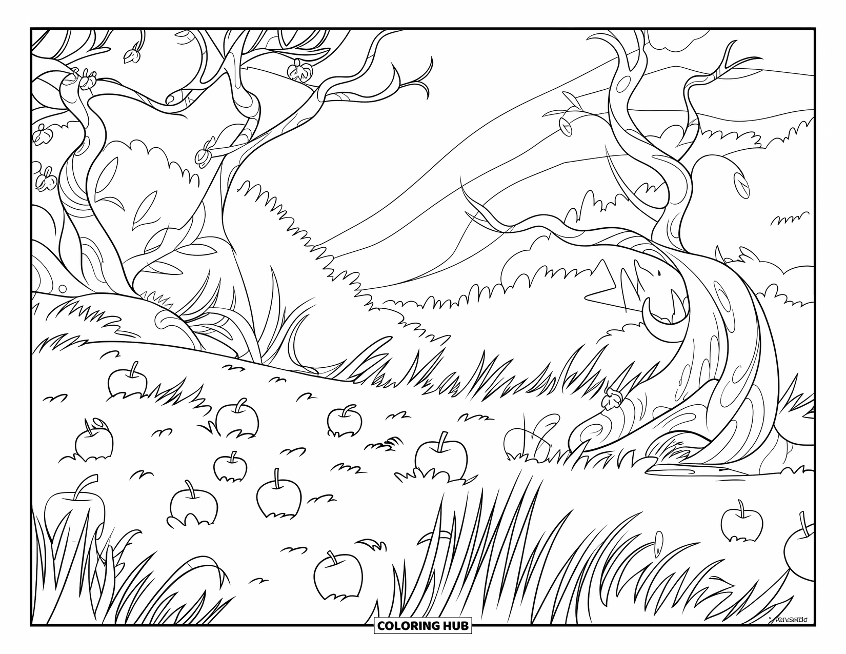 Apple Tree Coloring Page for Kids: Twisted apple trees in a quiet orchard with apples scattered across the ground
