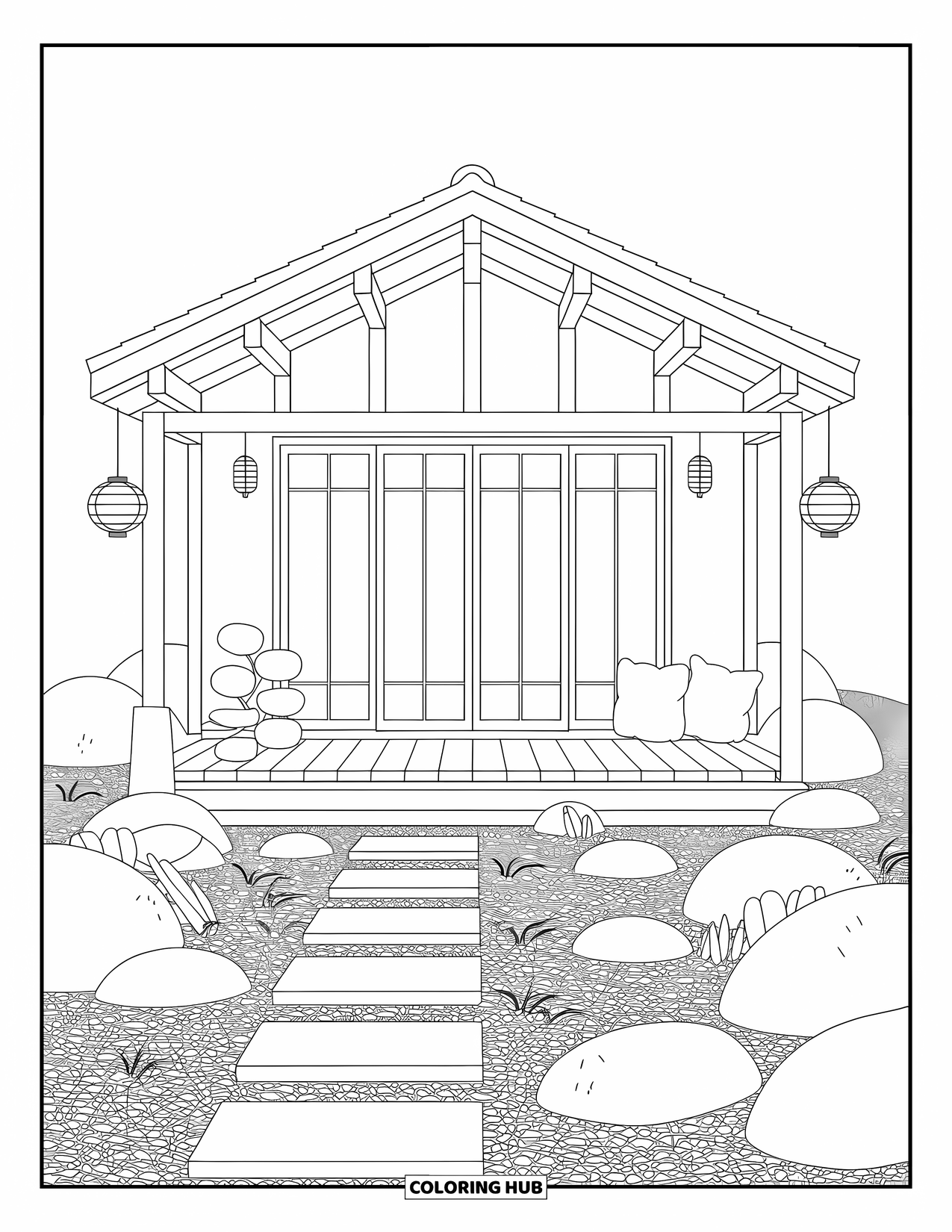 Architecture Coloring Page for Adults: A calm wooden cottage surrounded by a zen garden and bamboo screens