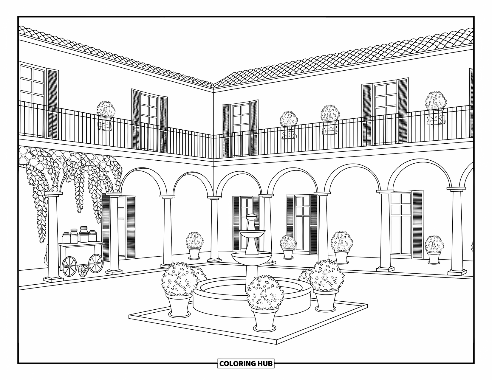 Architecture Coloring Page for Adults: A cozy villa with arches, vines, and a fountain in a quiet courtyard