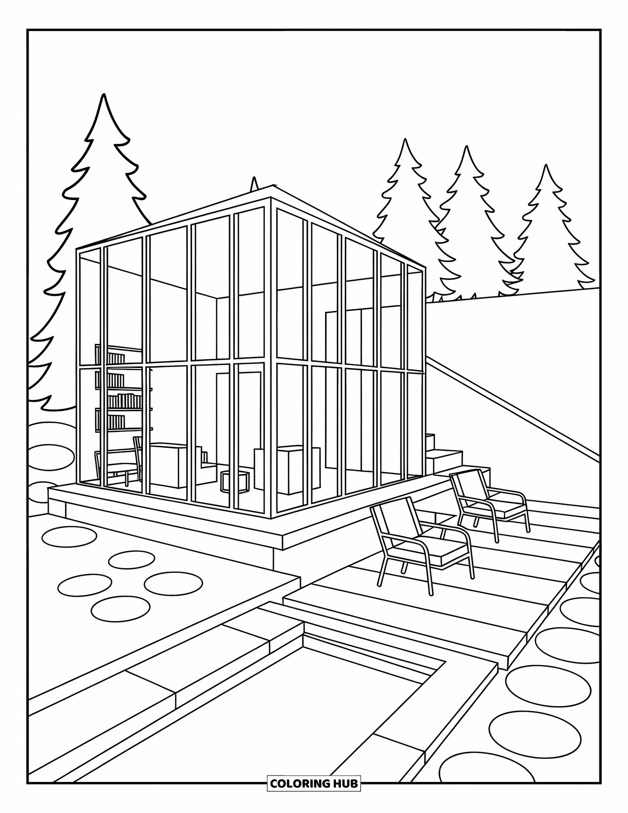 Architecture Coloring Page for Adults: A minimalist modern home with glass panels, trees, and a quiet patio