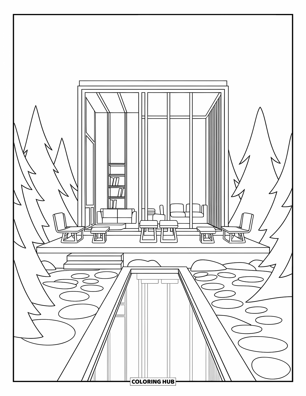 Architecture Coloring Page for Adults: A modern glass house surrounded by pine trees and smooth stone gardens