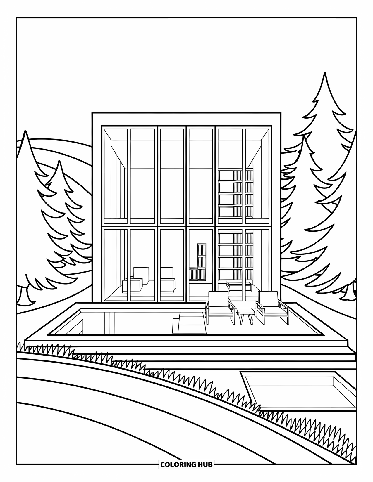 Architecture Coloring Page for Adults: A sleek modern house with glass walls, pine trees, and a calm reflecting pool