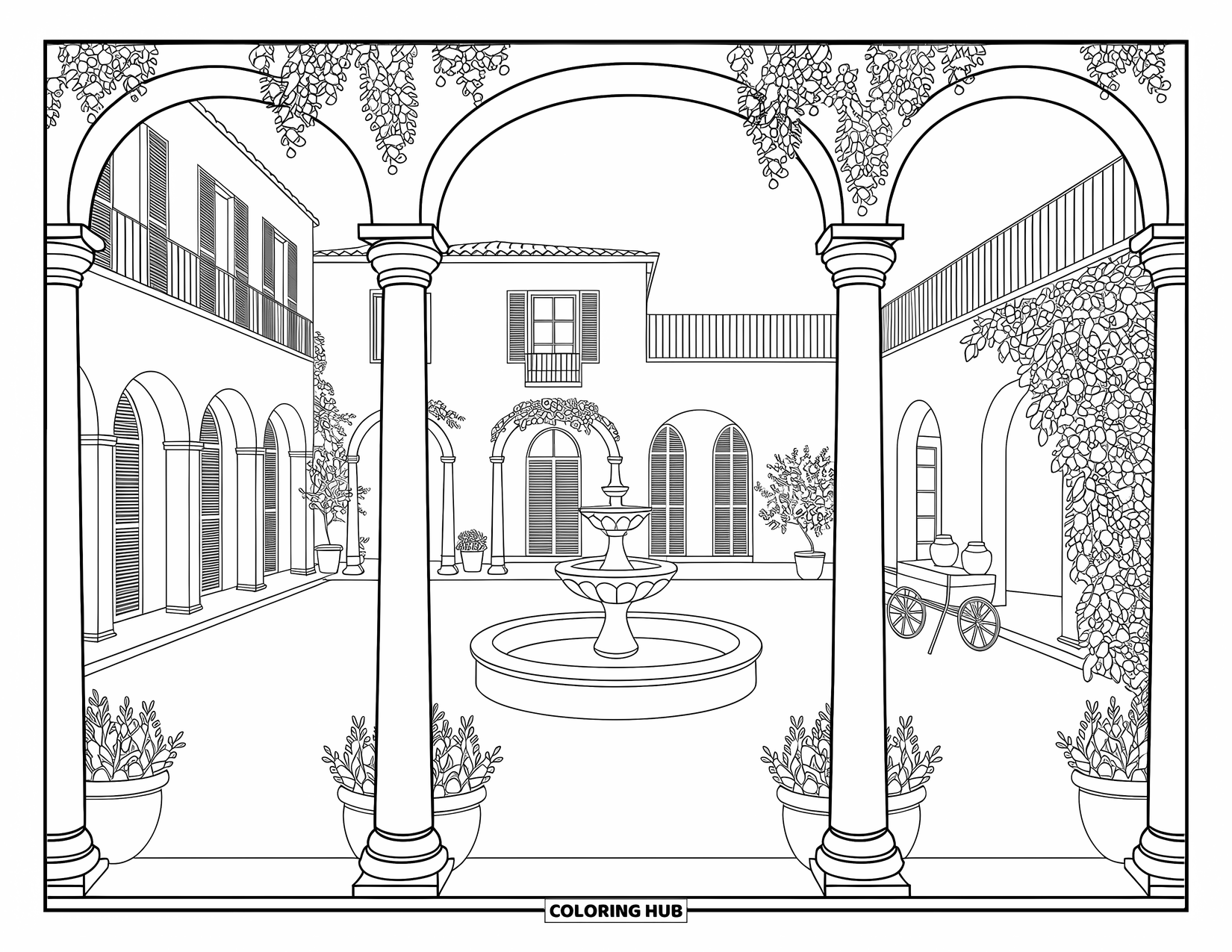 Architecture Coloring Page for Adults: A sunny Mediterranean villa with arches, balconies, and a peaceful courtyard fountain
