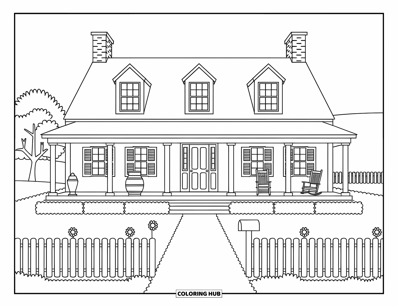Architecture Coloring Page for Adults: A sweet farmhouse with a porch, dormer windows, and cheerful garden sunflowers
