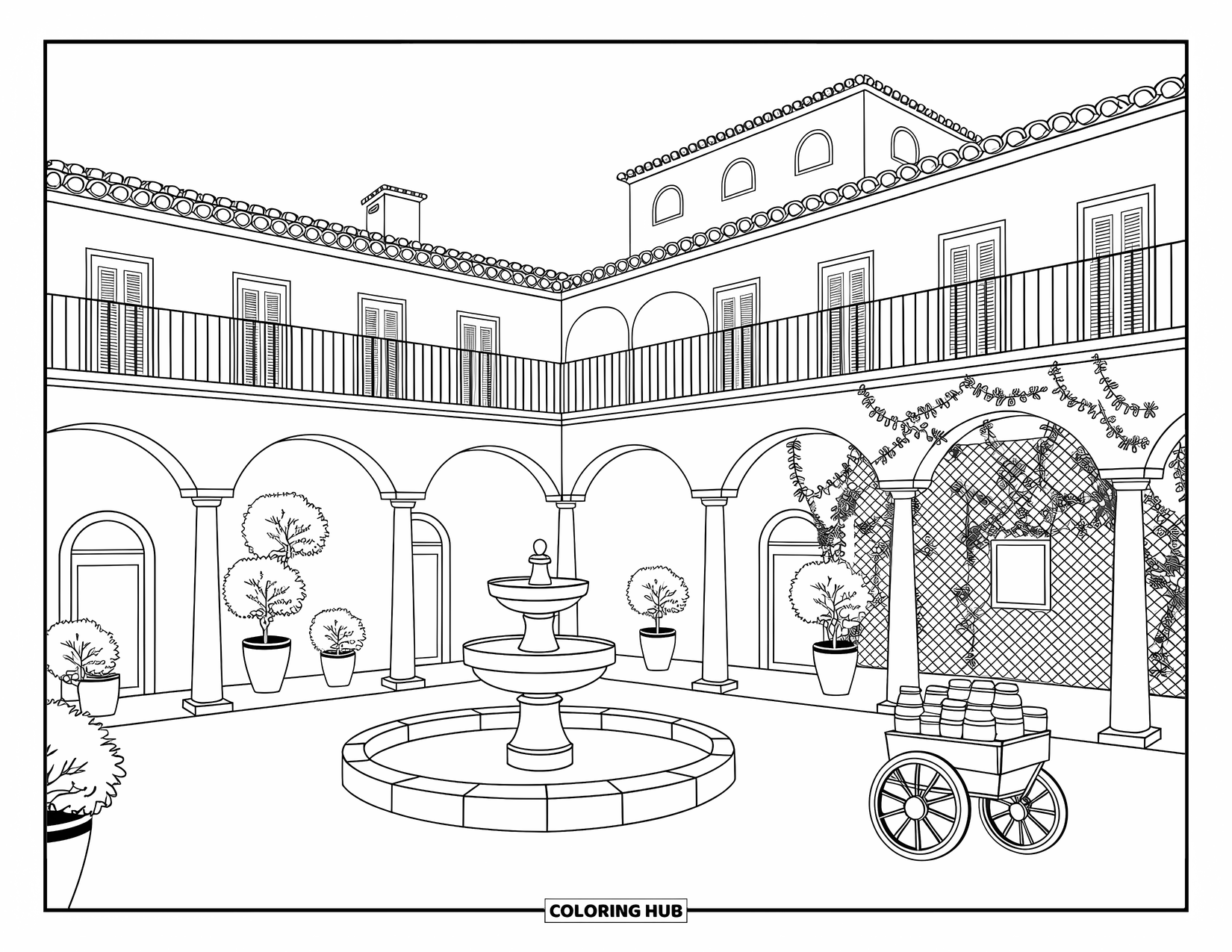 Architecture Coloring Page for Adults: A tranquil villa with tiled roofs, balconies, and a courtyard full of greenery