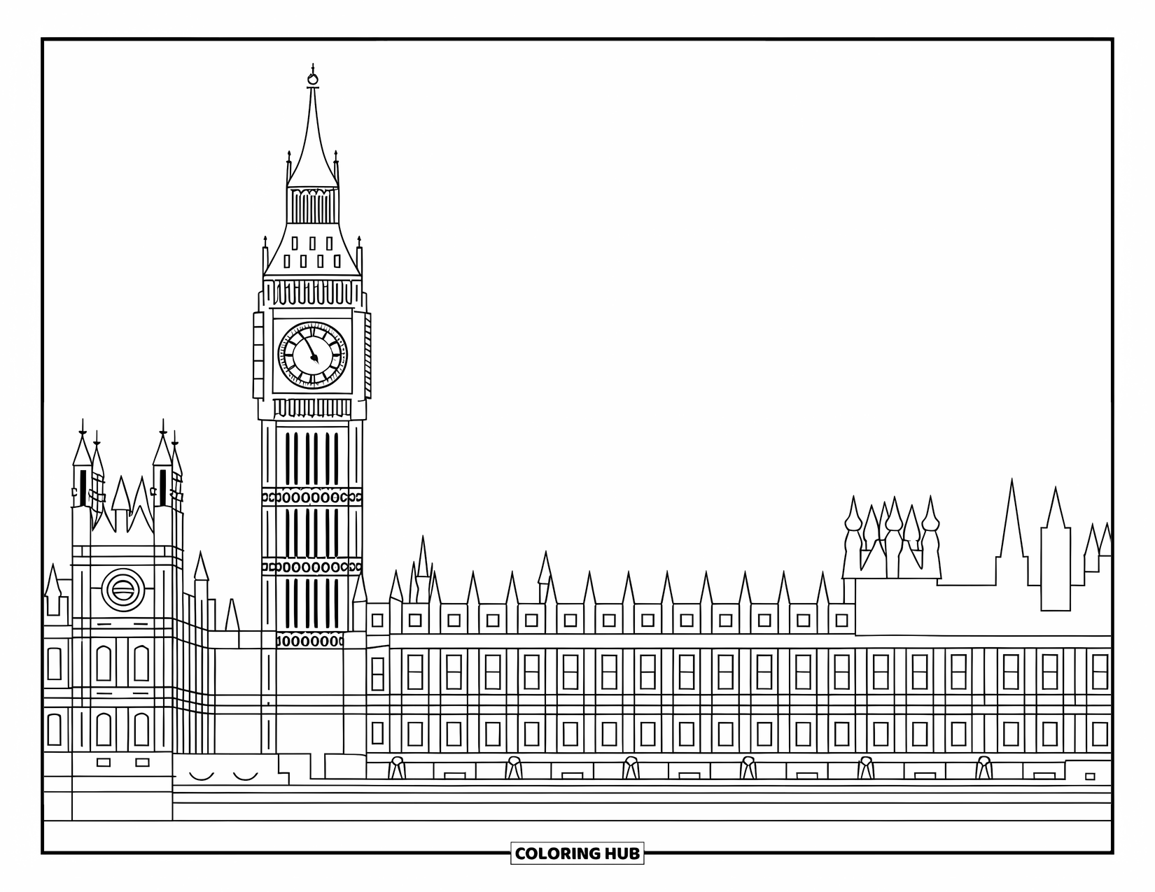 Architecture Coloring Page for Adults: Big Ben and the Palace of Westminster rise beside a calm river under clear skies