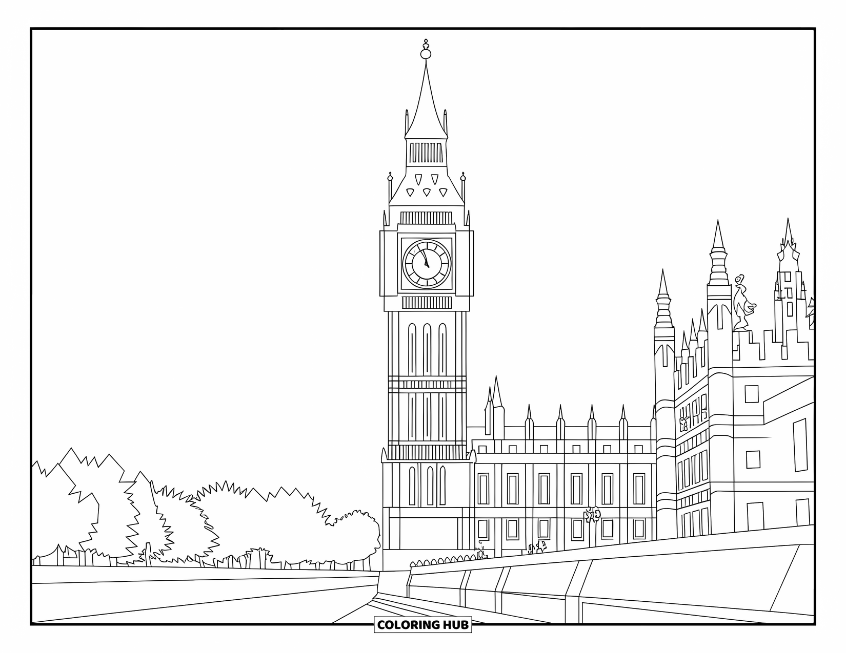 Architecture Coloring Page for Adults: Big Ben and the Palace of Westminster stand tall with trees along the riverbank