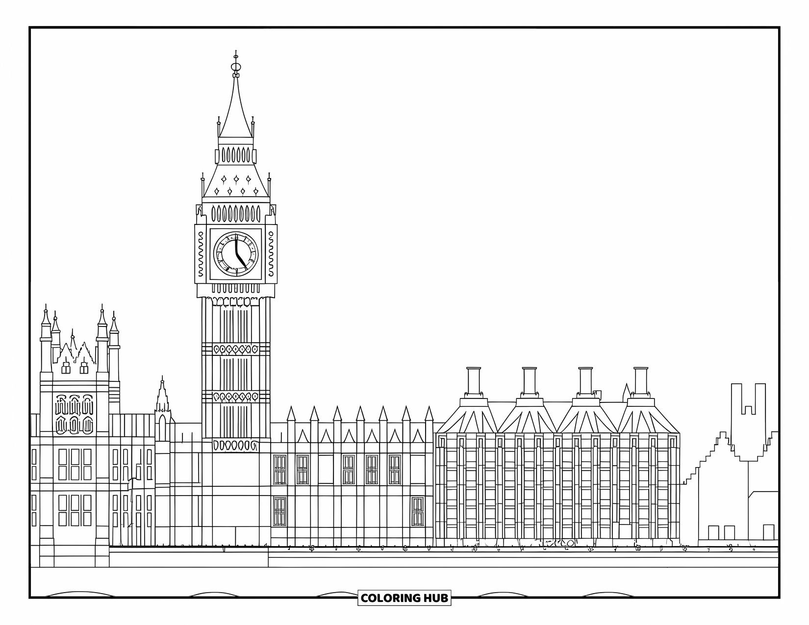 Architecture Coloring Page for Adults: Big Ben's clock and gothic towers overlook the peaceful London riverfront