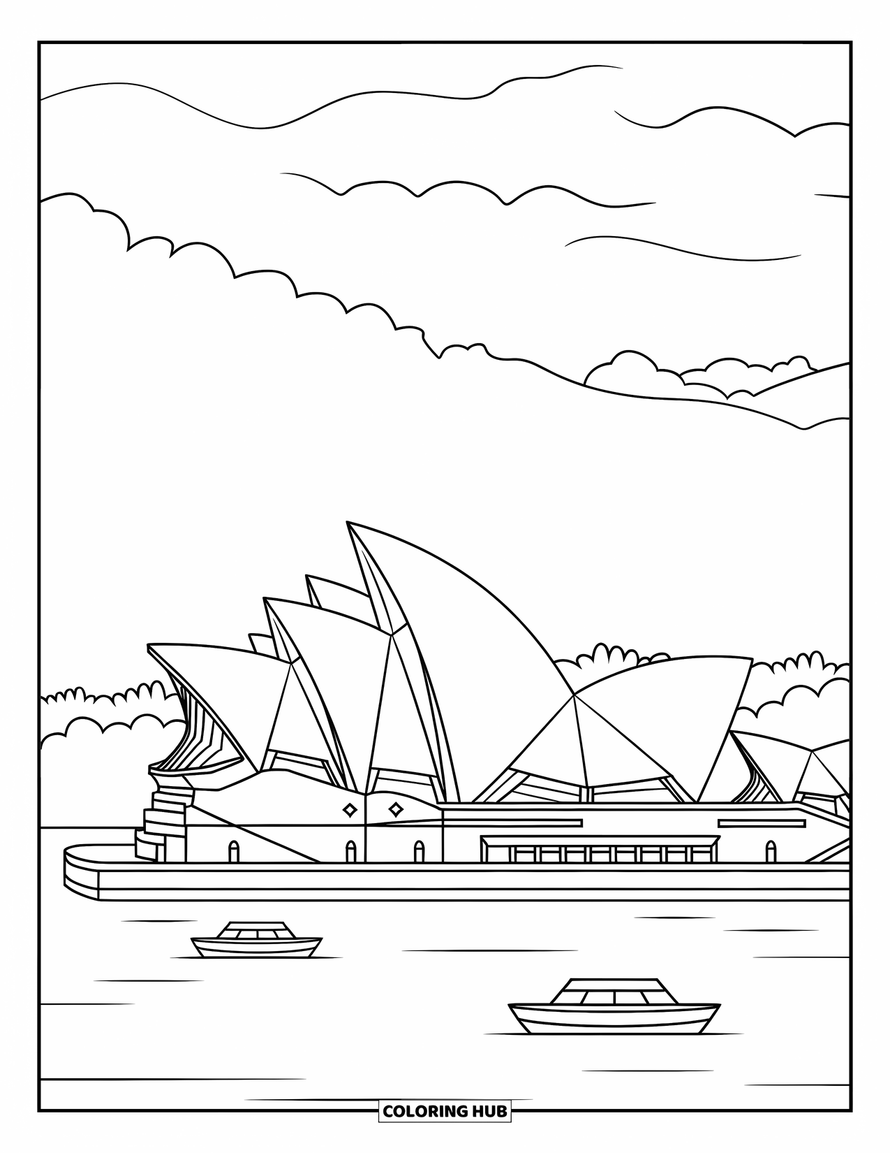 Architecture Coloring Page for Adults: Boats drift near the Sydney Opera House under a cloudy, peaceful sky