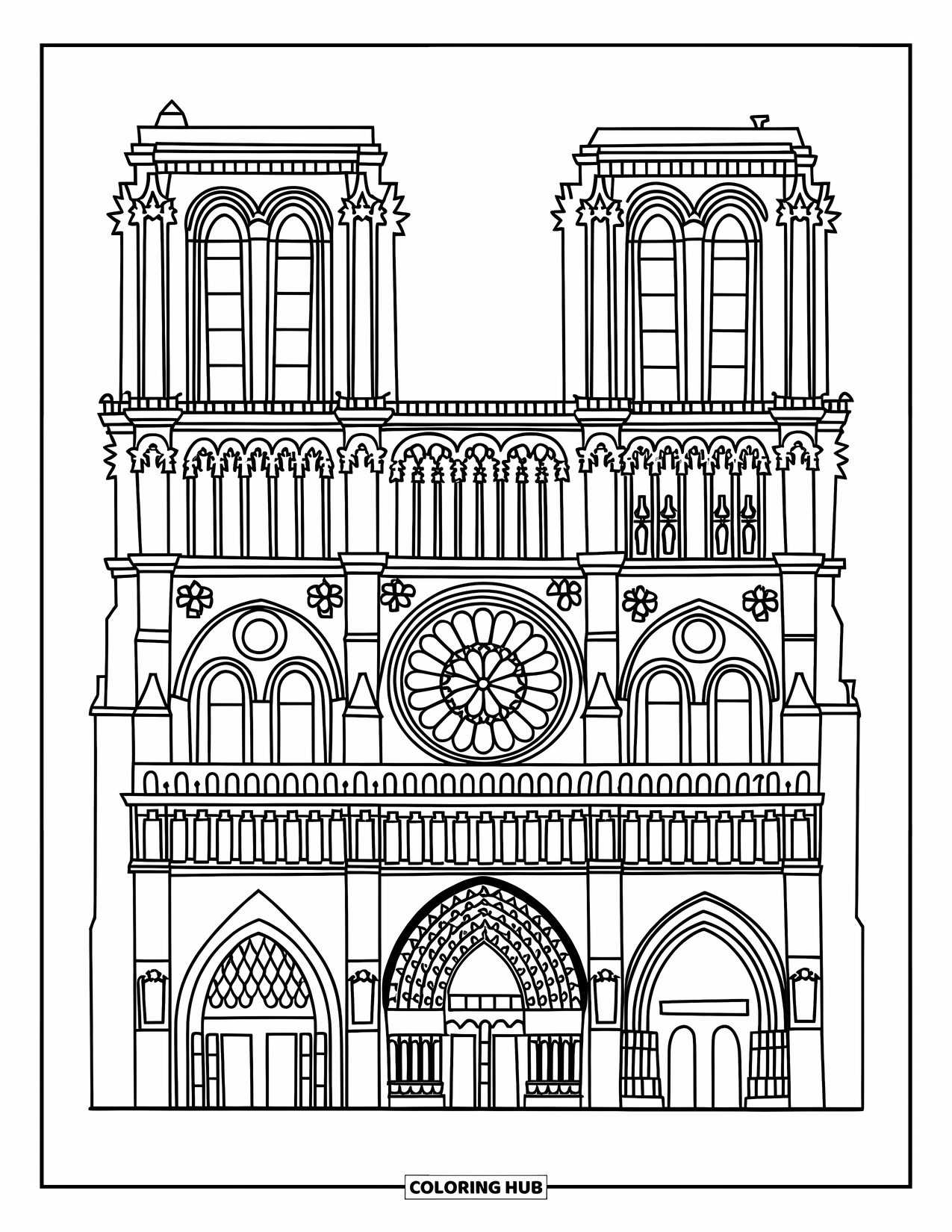 Architecture Coloring Page for Adults: Notre-Dame's detailed arches, columns, and statues create a timeless facade