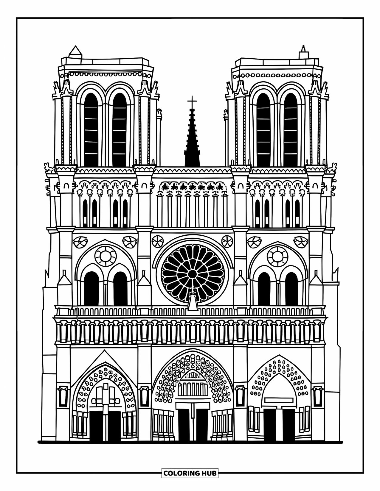 Architecture Coloring Page for Adults: Notre-Dame's twin towers and intricate carvings highlight its elegant architecture