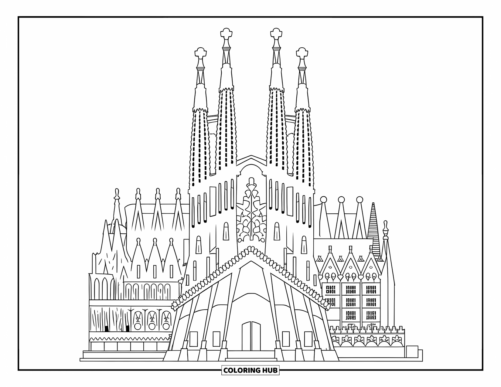 Architecture Coloring Page for Adults: The Sagrada Familia's gothic and art nouveau towers soar above the city
