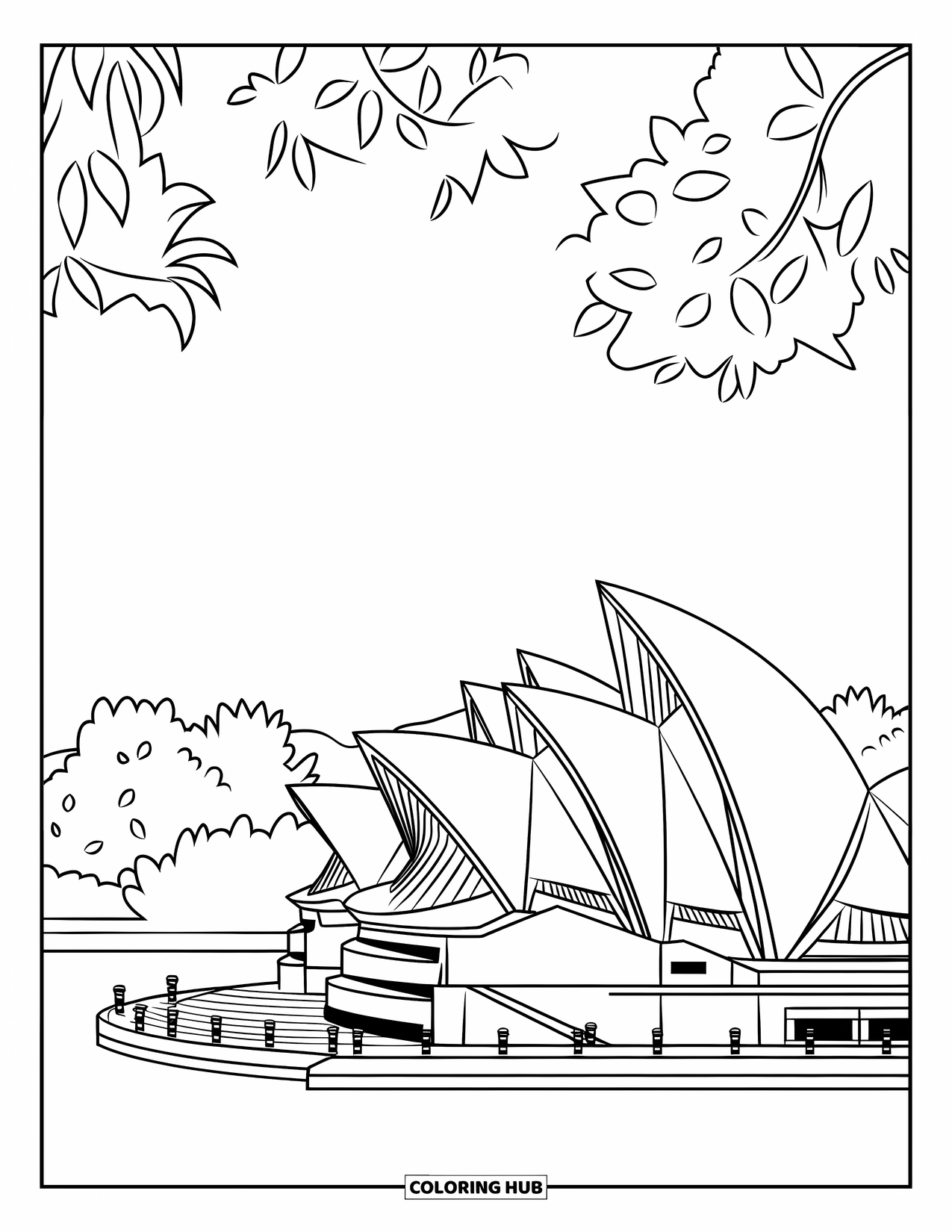 Architecture Coloring Page for Adults: The Sydney Opera House stands by the waterfront surrounded by trees