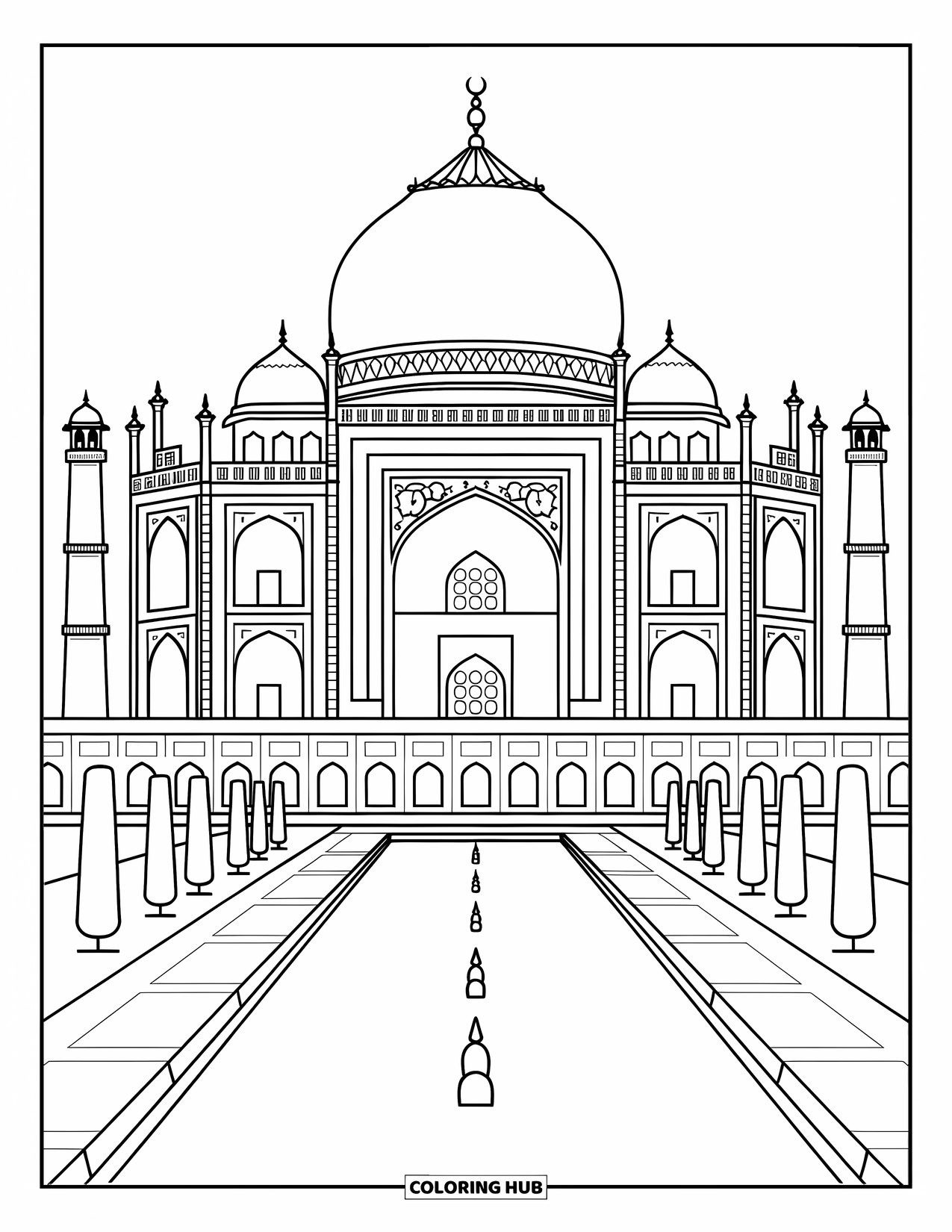 Architecture Coloring Page for Adults: The Taj Mahal's domes and minarets shimmer above its ornate reflecting pool