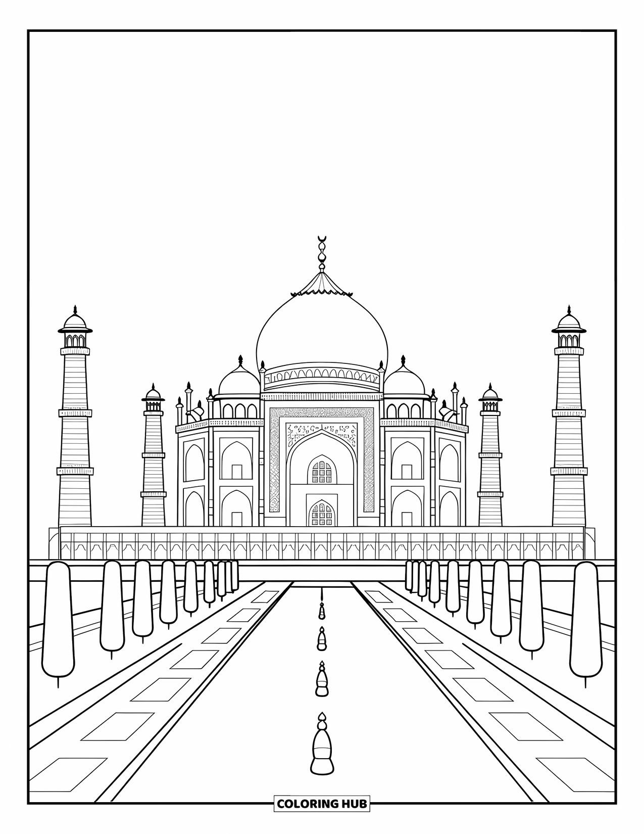 Architecture Coloring Page for Adults: The Taj Mahal's grand dome and minarets shine above the peaceful water