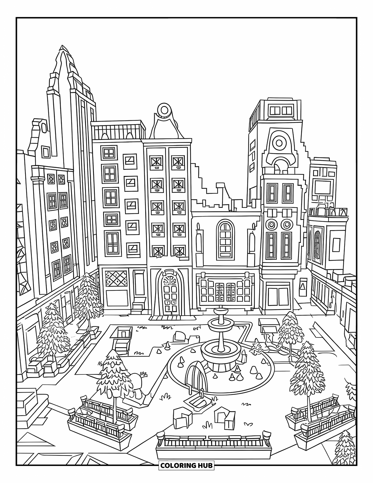 Architecture Coloring Page for Kids: A bright cityscape with tall buildings and a playful park at the center