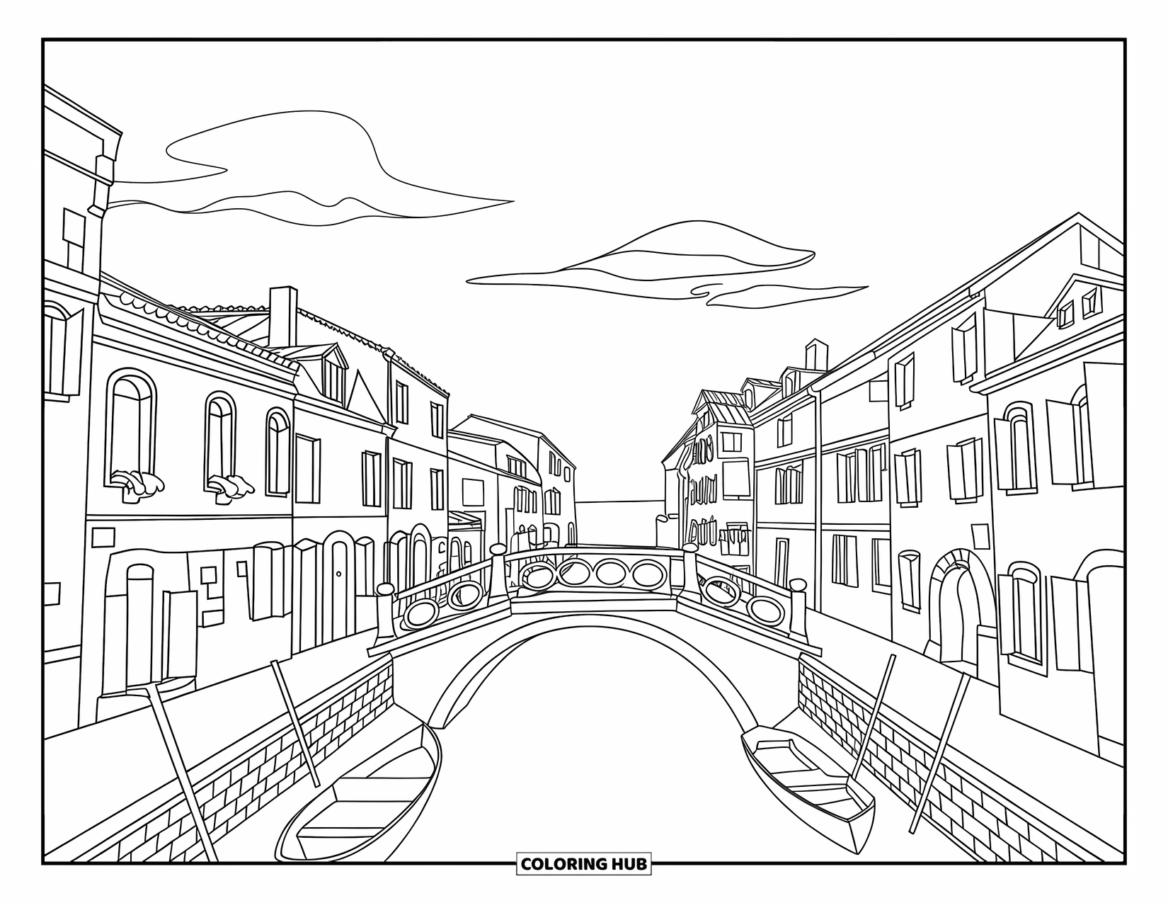 Architecture Coloring Page for Kids: A canal bridge lined with narrow buildings and boats on a calm, sunny day