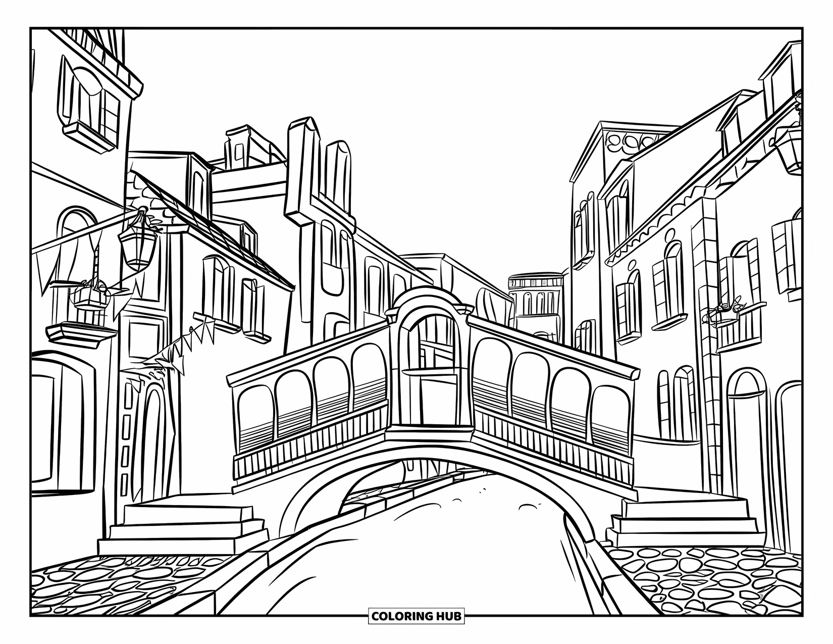 Architecture Coloring Page for Kids: A canal bridge with flags and lanterns connects rows of charming city buildings