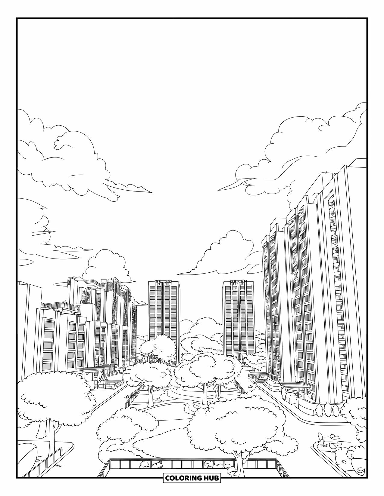 Architecture Coloring Page for Kids: A city skyline frames a central park with paths and fluffy clouds