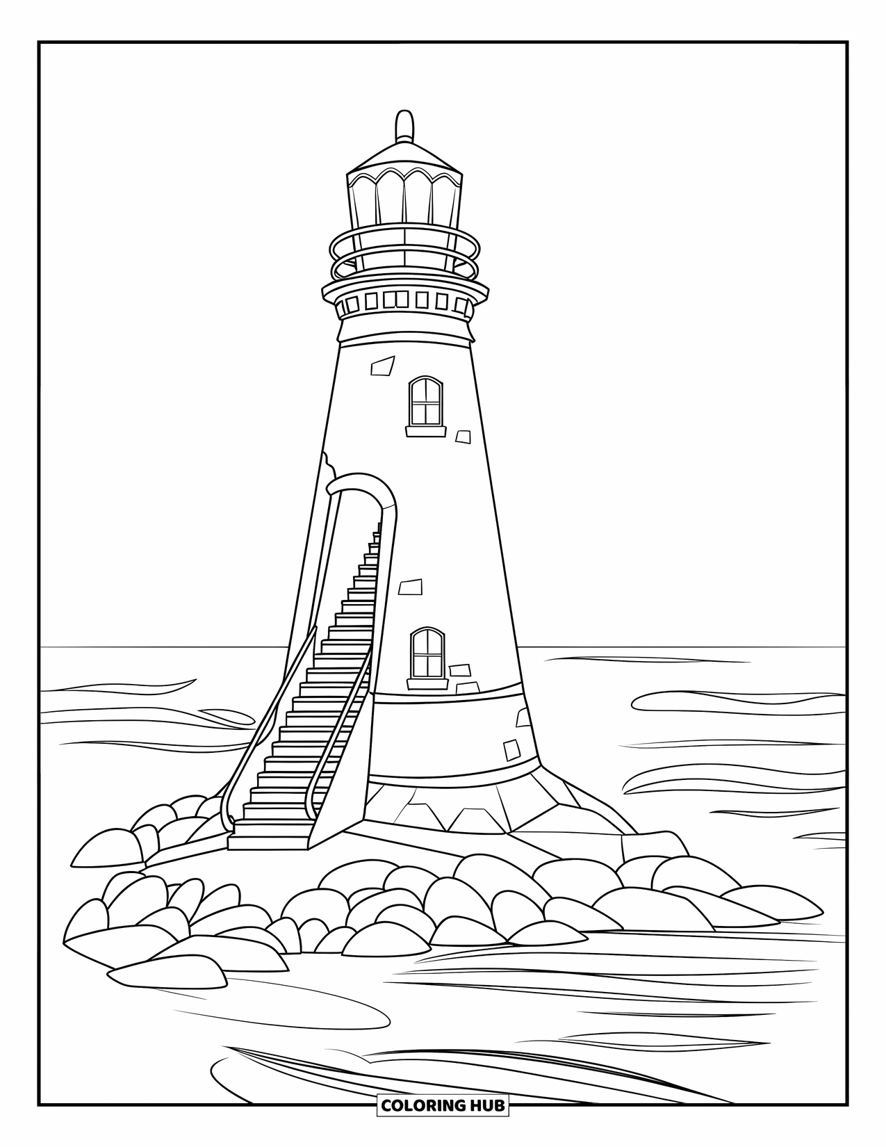 Architecture Coloring Page for Kids: A conical lighthouse overlooks calm ocean waves and rocky shores