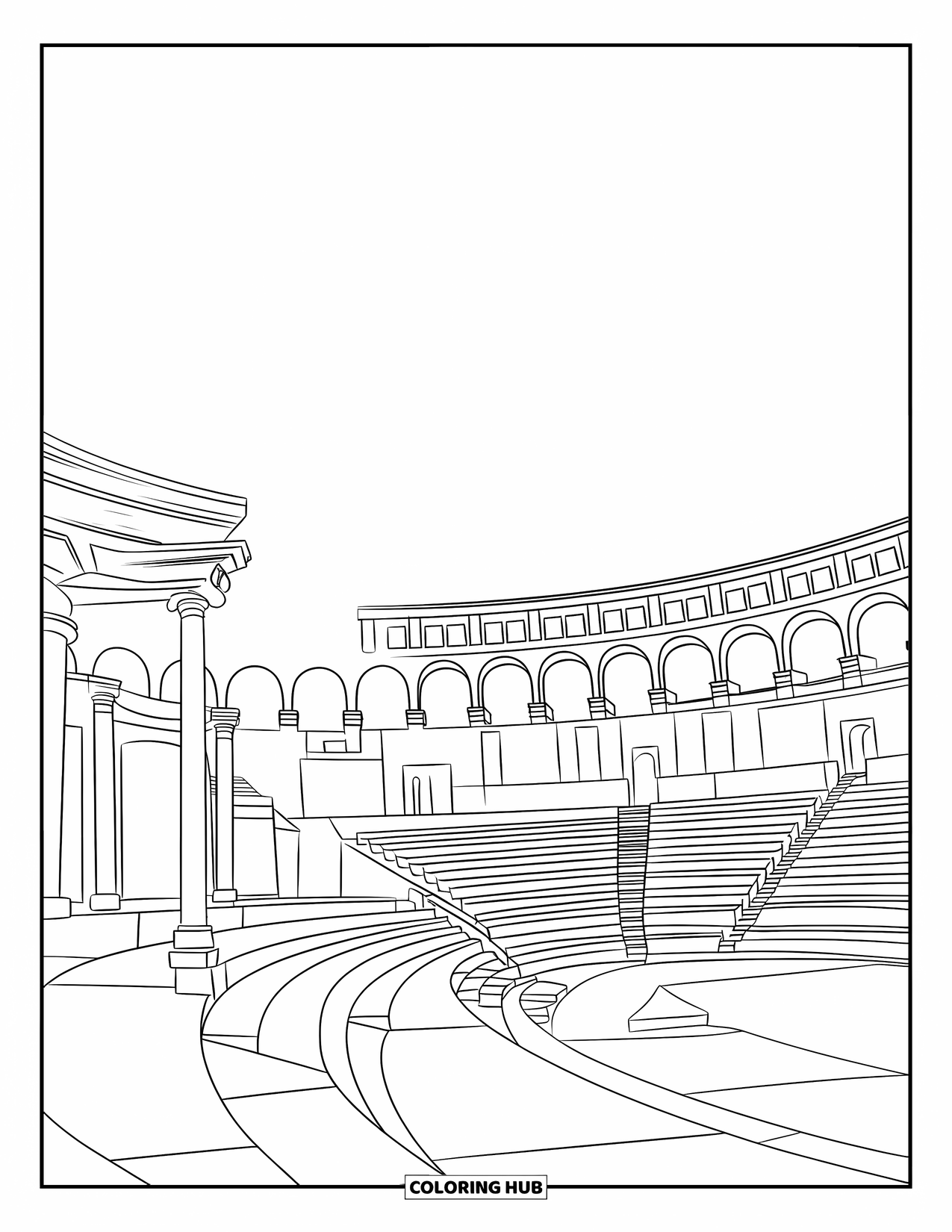 Architecture Coloring Page for Kids: A grand amphitheater stands beneath bright skies, peaceful and empty