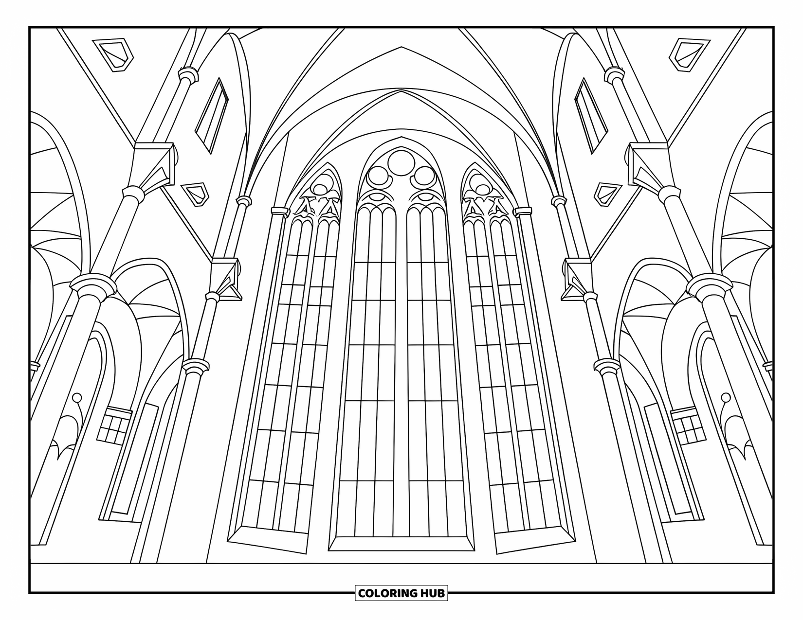 Architecture Coloring Page for Kids: A grand gothic cathedral stands tall with graceful arches and stained glass
