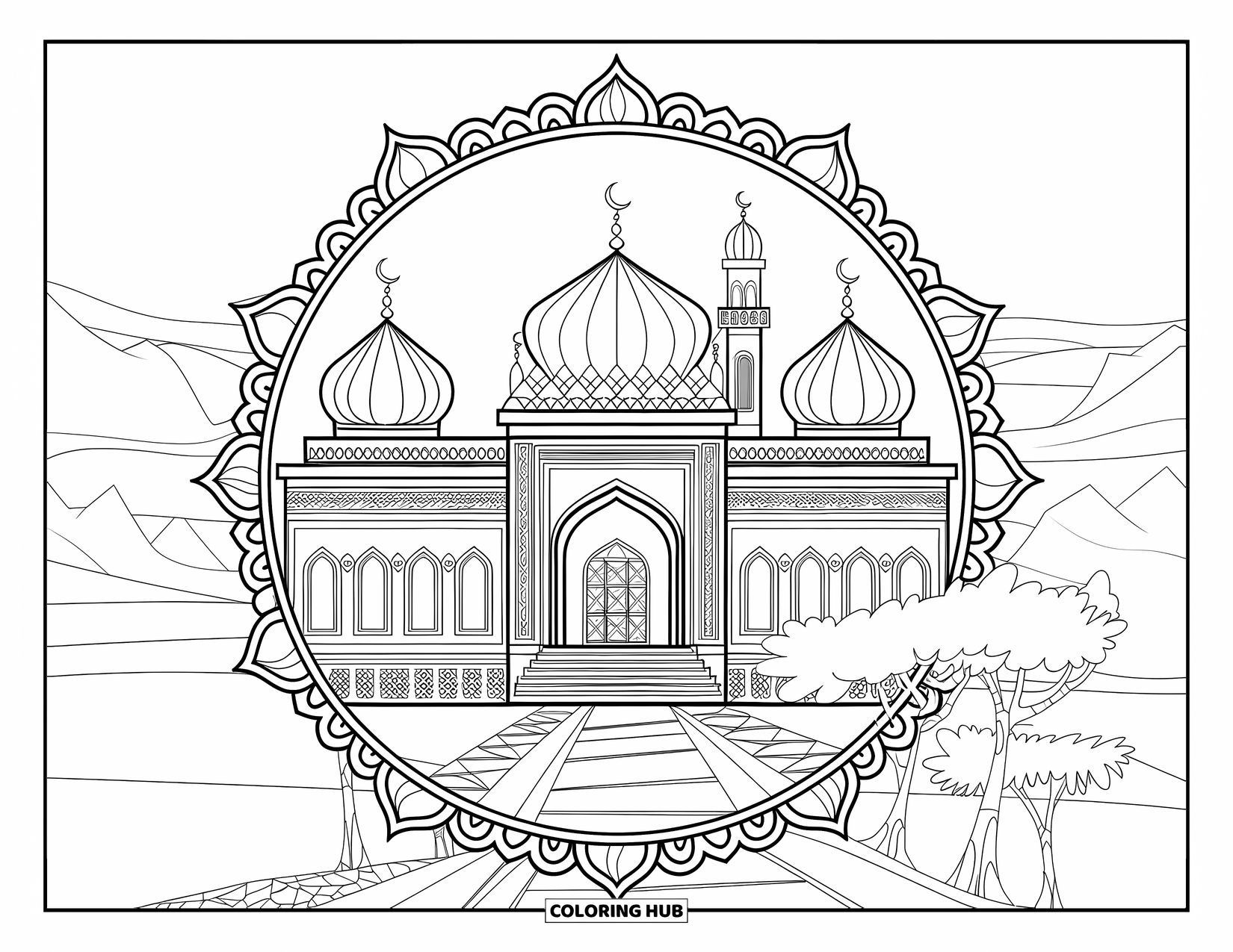 Architecture Coloring Page for Kids: A grand mosque surrounded by gardens sits within a circular frame