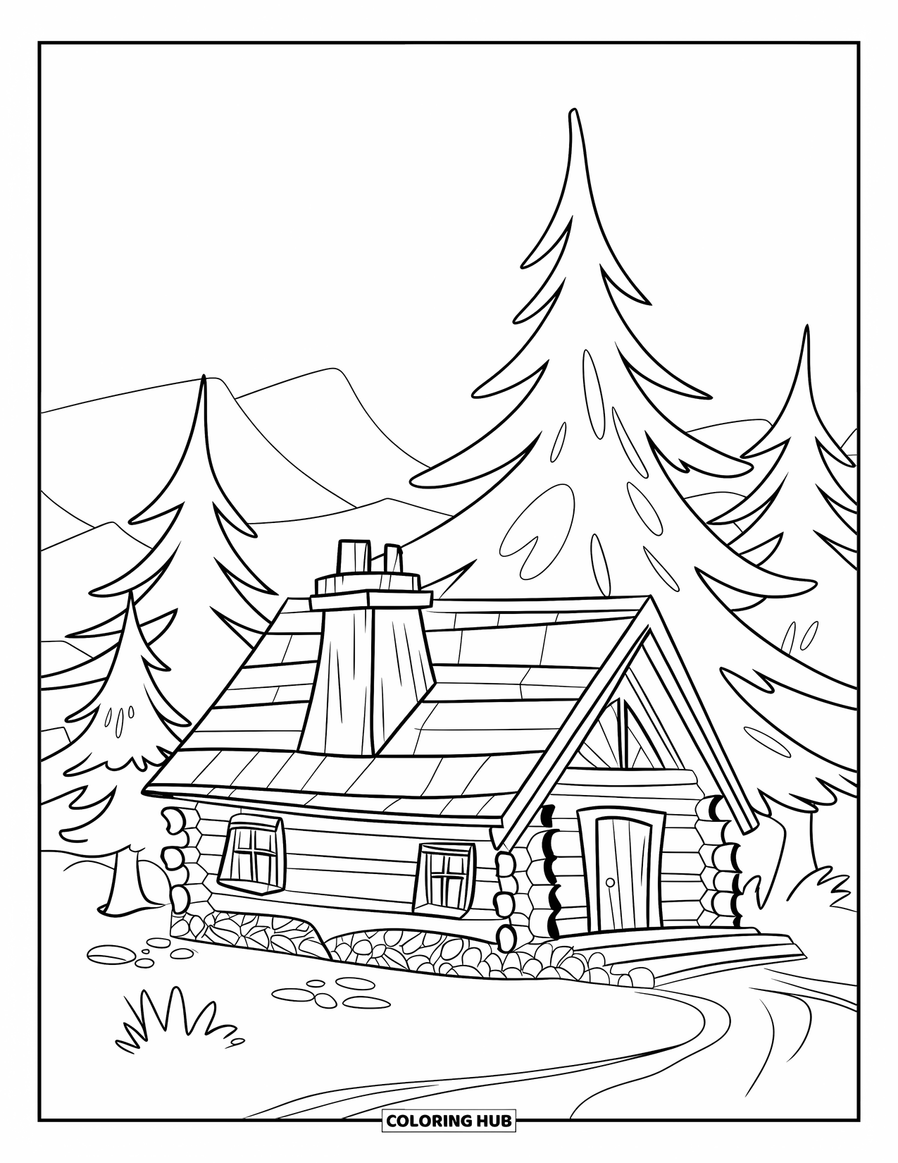 Architecture Coloring Page for Kids: A log cabin with pine trees and mountains rests in peaceful nature