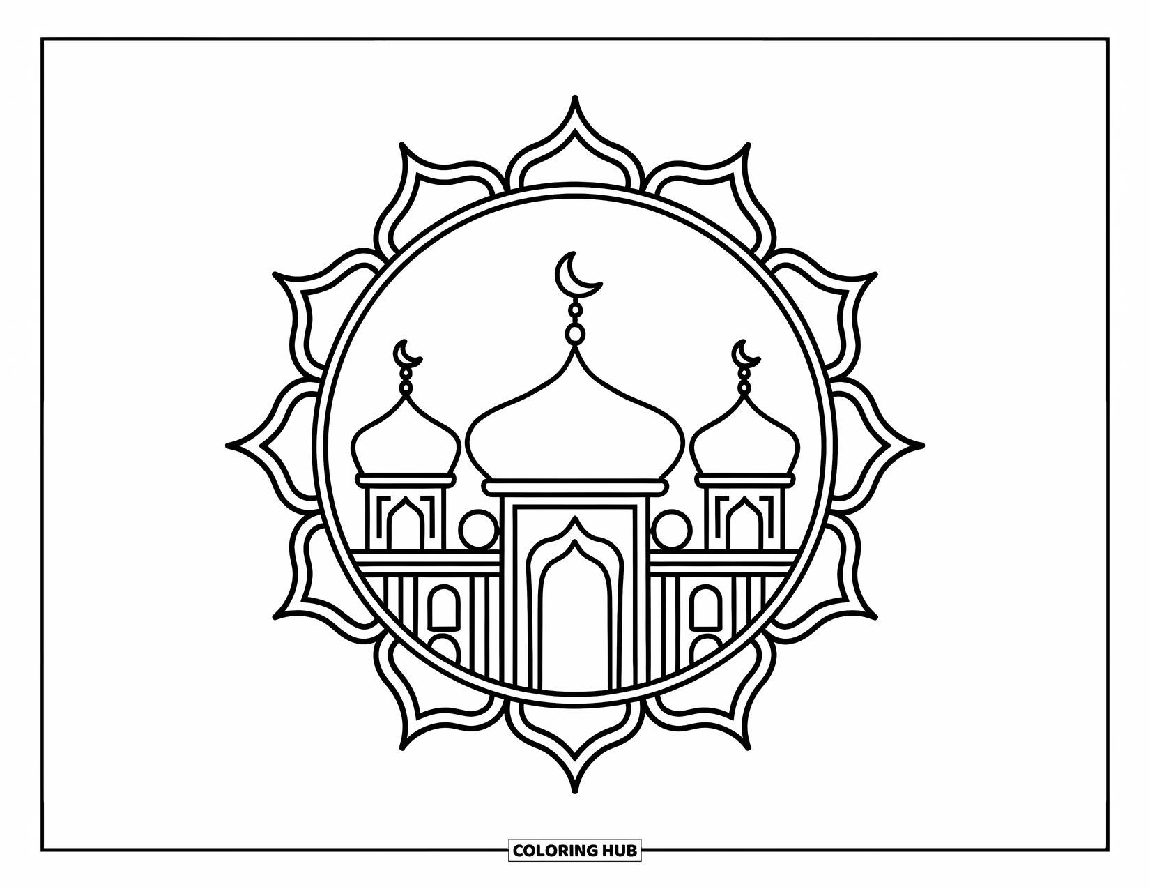 Architecture Coloring Page for Kids: A mosque with domes and minarets framed by a circular mandala