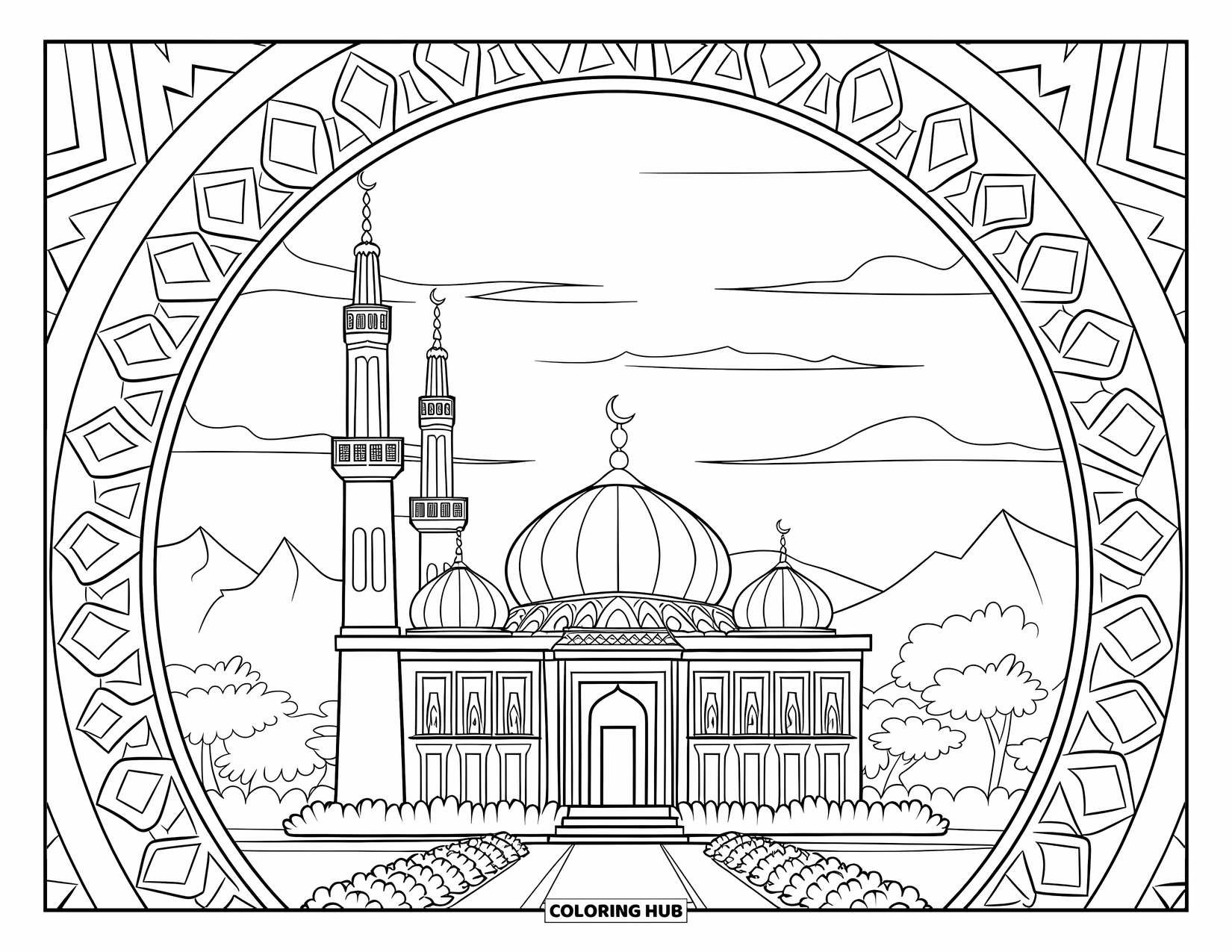 Architecture Coloring Page for Kids: A mosque with tall minarets and domes sits in a floral mandala