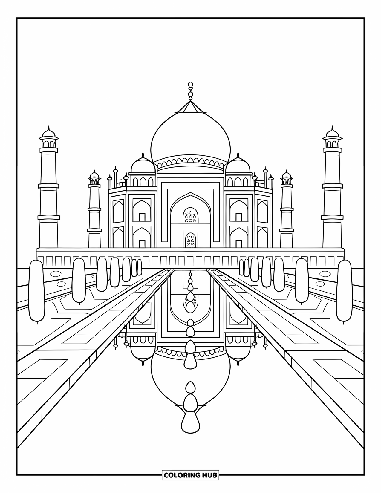 Architecture Coloring Page for Kids: A peaceful view of the Taj Mahal mirrored perfectly in its pool