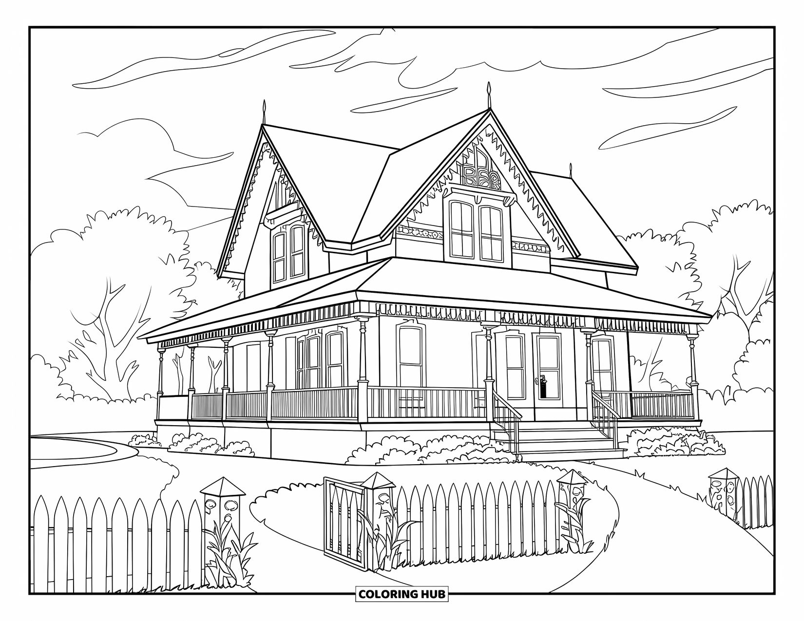 Architecture Coloring Page for Kids: A quaint Victorian home with a fence and cloudy sky behind it