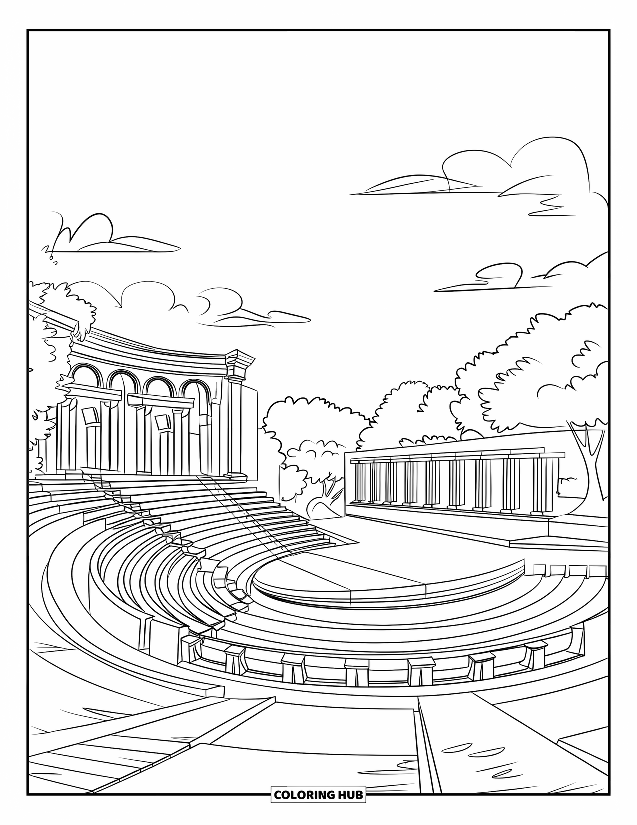 Architecture Coloring Page for Kids: A Roman amphitheater with arches and trees under a clear blue sky