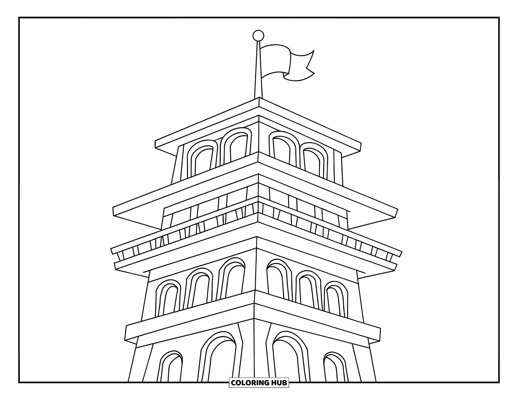 Architecture Coloring Page for Kids: A square watchtower rises tall with a flag fluttering in the breeze