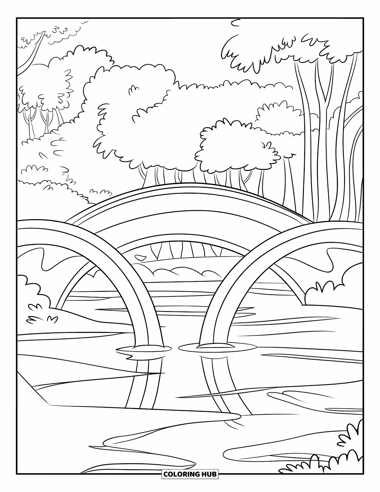 Architecture Coloring Page for Kids: A stone bridge with two arches crosses a calm river in the forest
