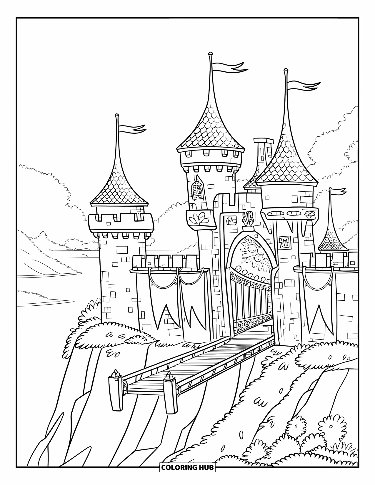 Architecture Coloring Page for Kids: A stone castle with flags and carvings stands proudly over calm waters