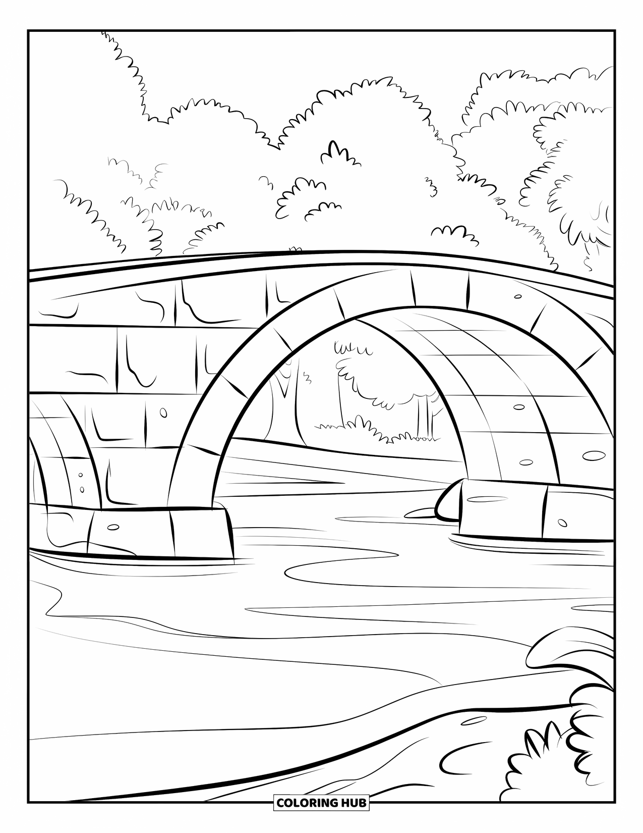 Architecture Coloring Page for Kids: A sturdy bridge arches over a quiet river surrounded by trees