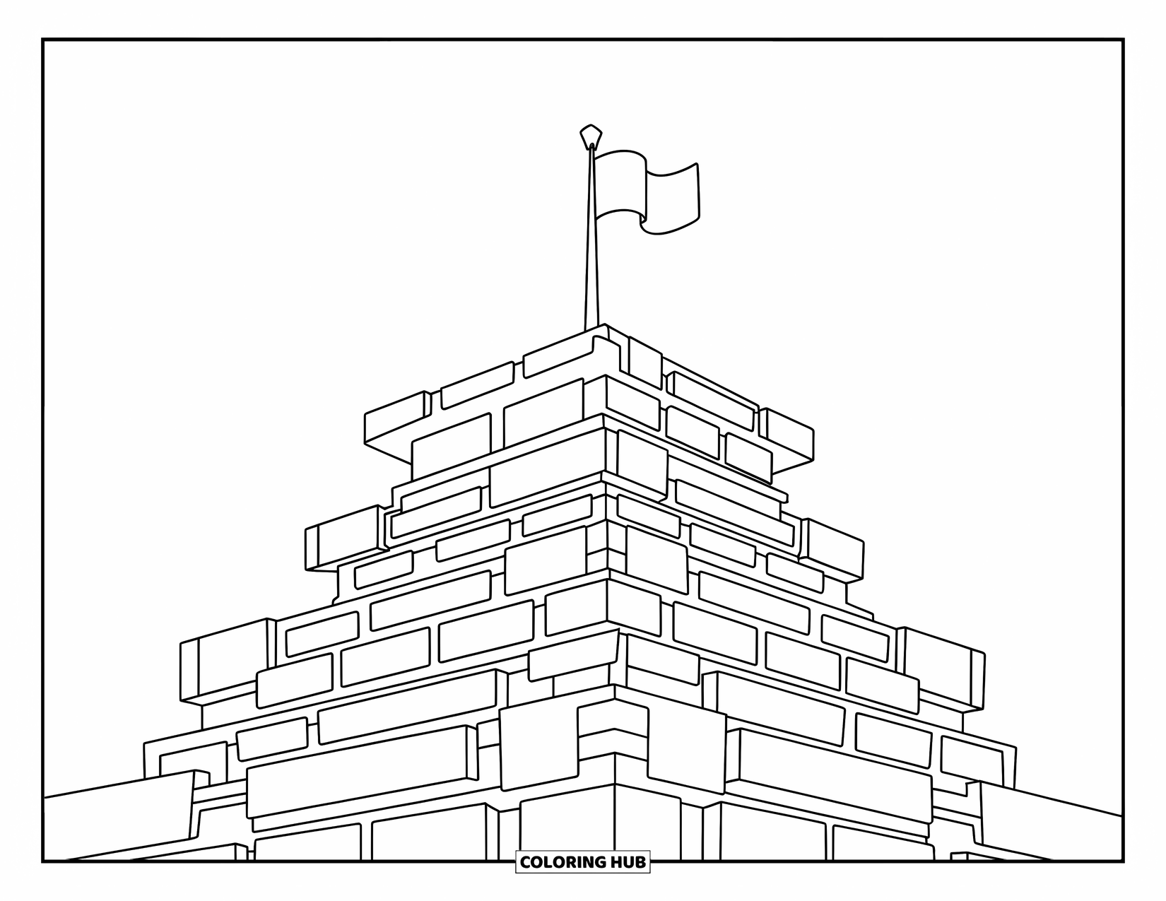 Architecture Coloring Page for Kids: A tall watchtower with clean lines and a small flag at the peak