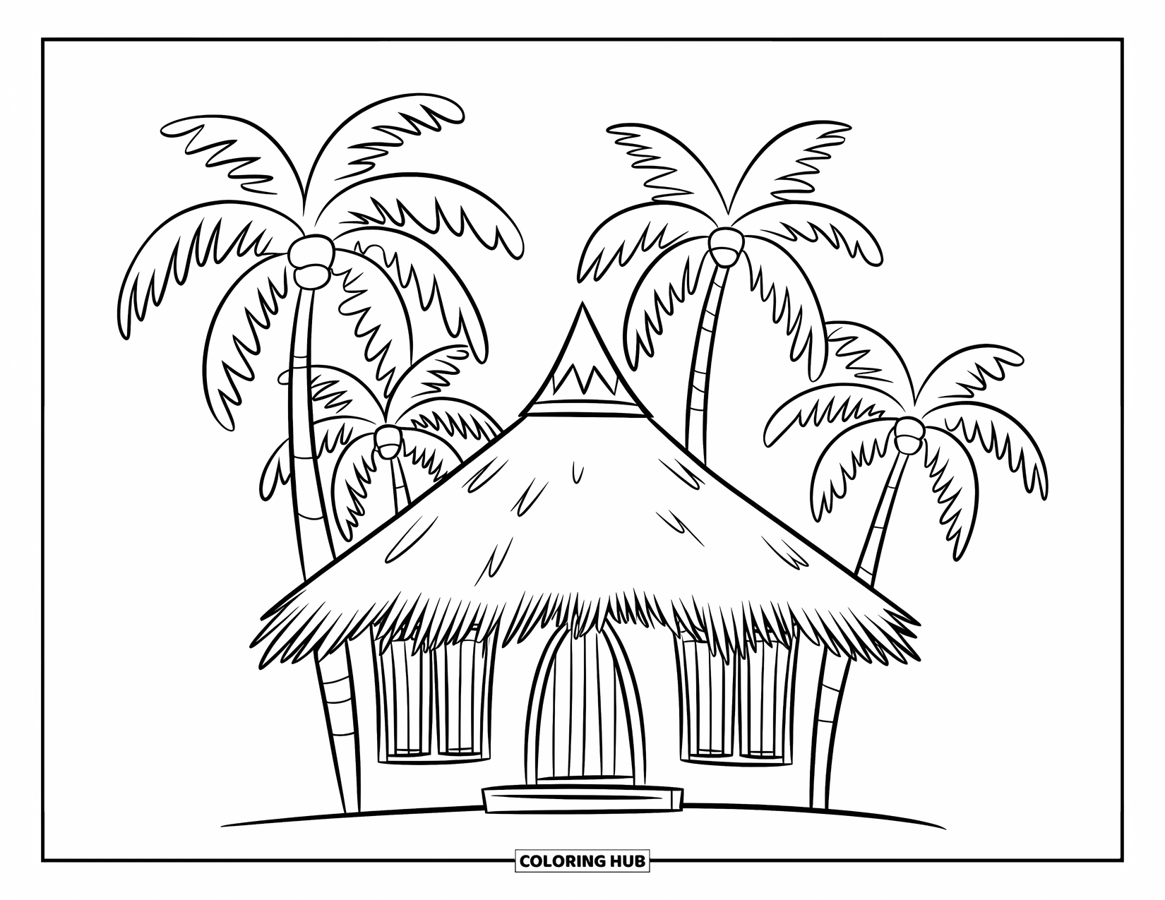 Architecture Coloring Page for Kids: A thatched hut with swaying palm trees stands under a bright sky