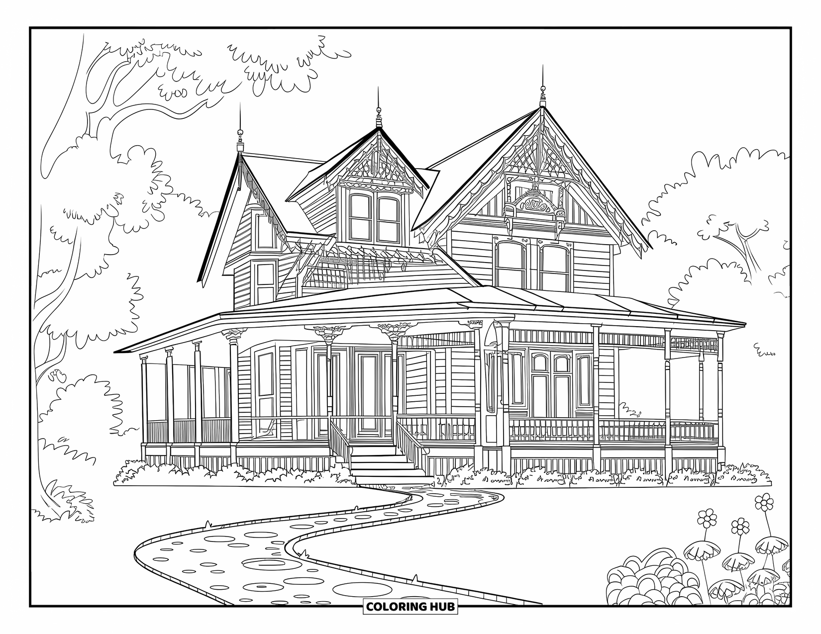 Architecture Coloring Page for Kids: An ornate Victorian house stands in a lush garden full of flowers