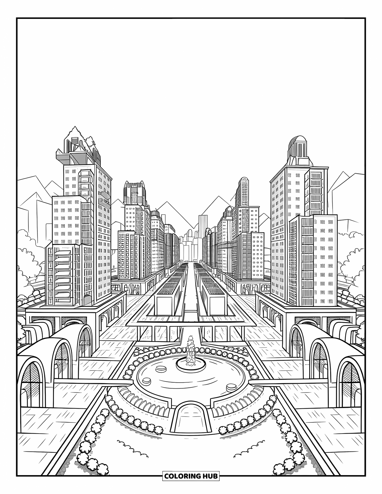 Architecture Coloring Page for Kids: Stylized apartment towers rise around a pond and bridges in a park