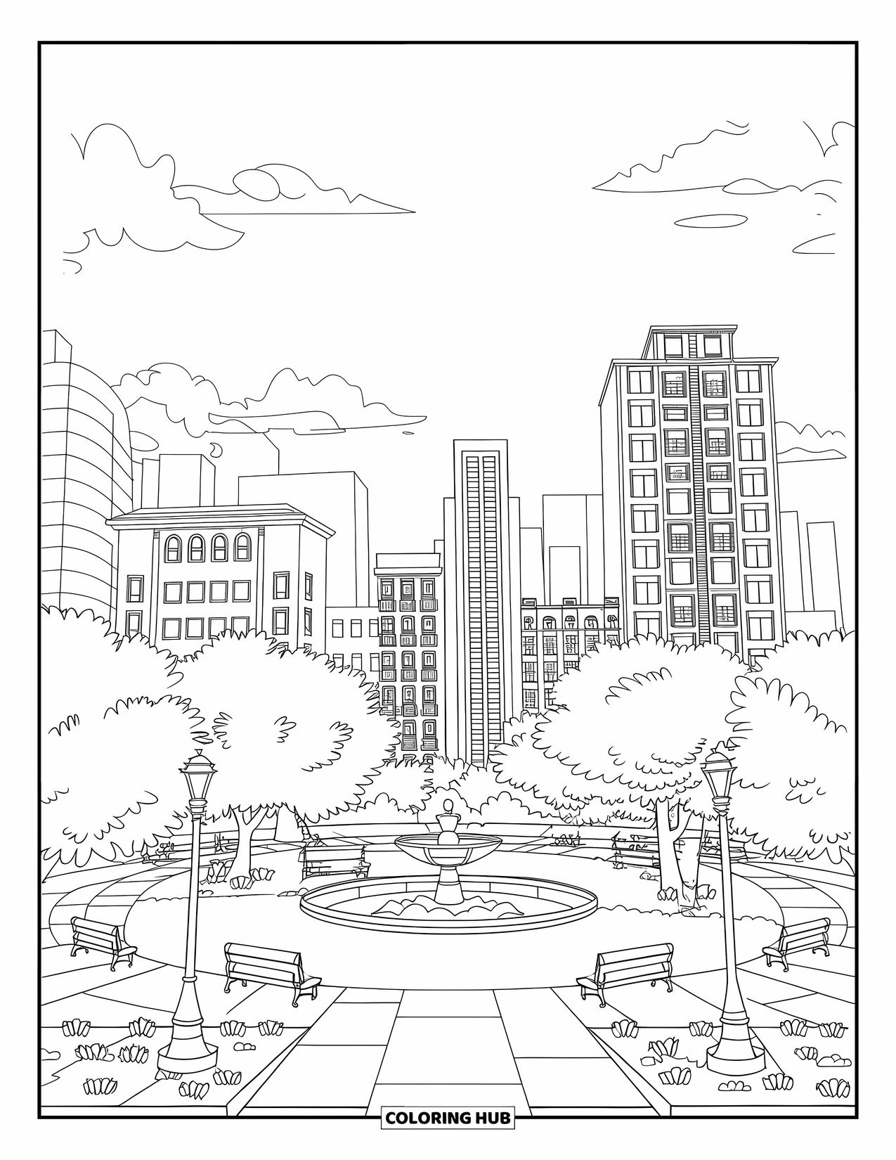 Architecture Coloring Page for Kids: Tall buildings surround a green park with trees, benches, and a fountain
